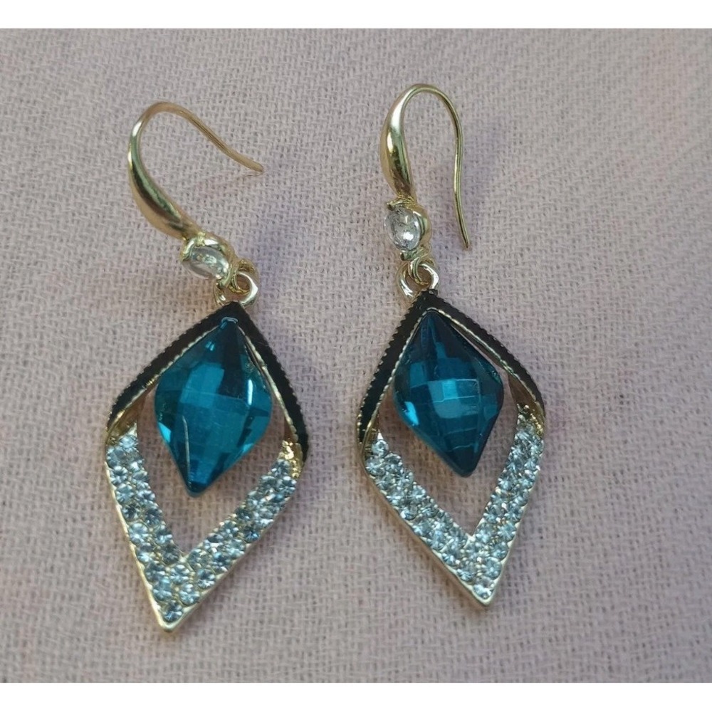 925 Sterling Silver Teal Blue Crystal Dangle Earrings Open Diamond Rhinestone...